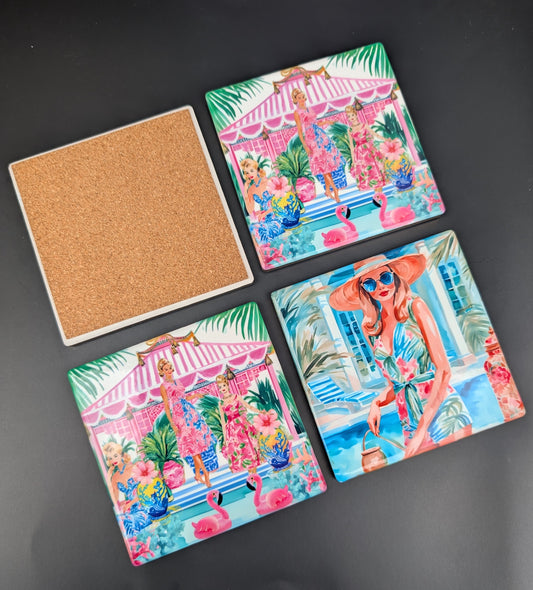 Palm Beach Set of 4 Ceramic Coasters with Cork Bottom